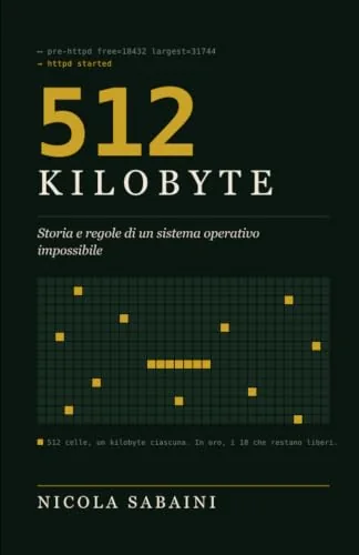 La copertina di 512 KILOBYTE: una griglia di 512 celle di memoria su fondo verde scuro, in oro le diciotto che restano libere